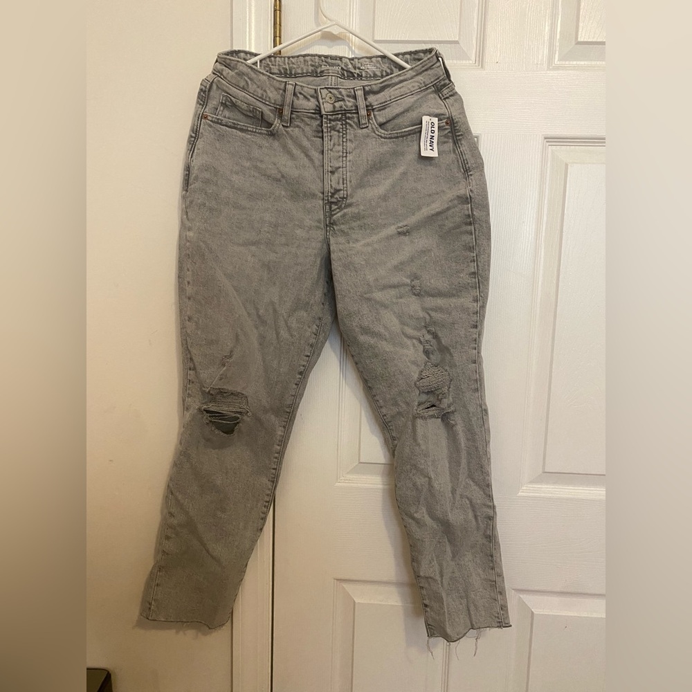 Old Navy Curvy High-Waisted OG Straight Jeans- ripped - light gray